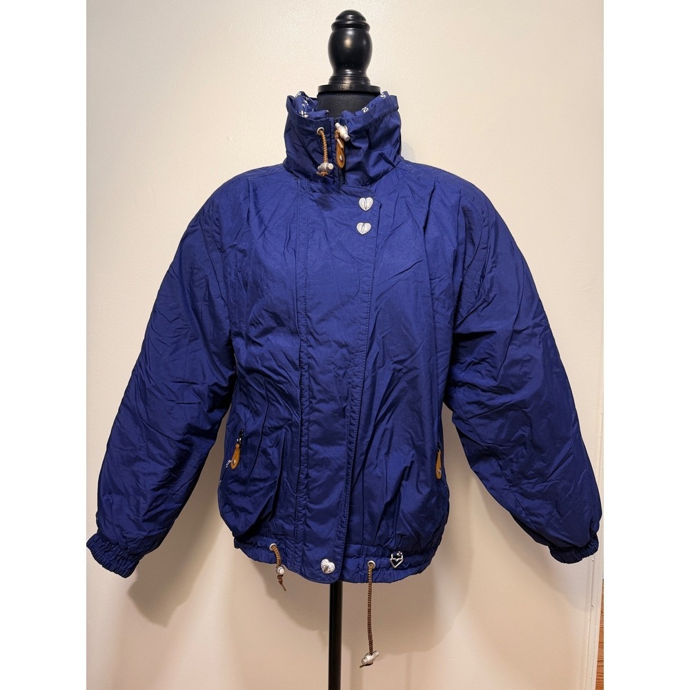 Vintage Obermeyer Ski Jacket 8 Puffer Heart Buttons Blue Floral Apres Winter